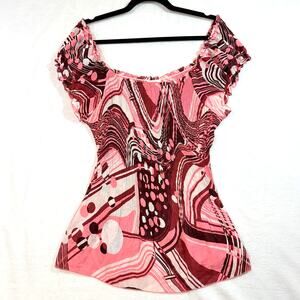 Jaipur XL Pink Pleated Top Abstract Print Y2K Fest Psychedelic Whimsy Rave Bratz